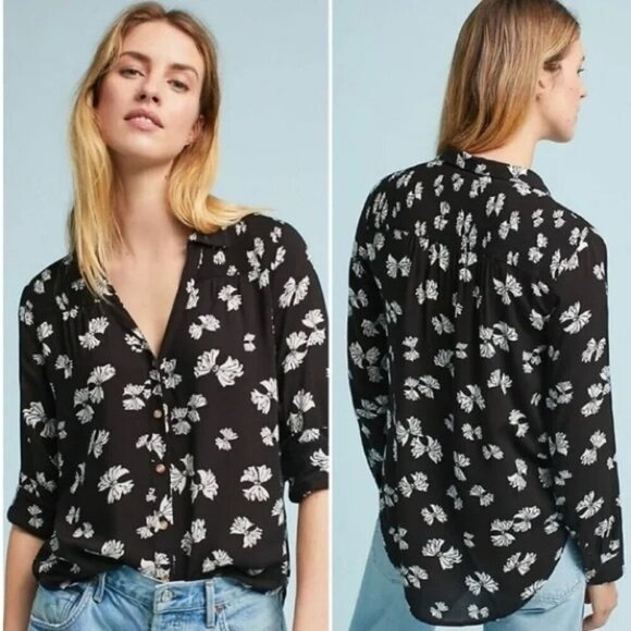 Maeve Anthropologie Button Down Blouse Top Bow Novelty Print Black White 00P - Picture 1 of 7